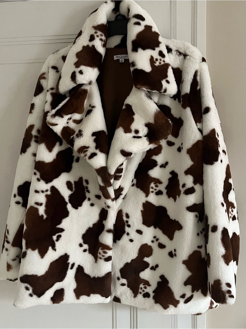 Braciano White and Brown Cow-Print Faux Fur Teddy Coat